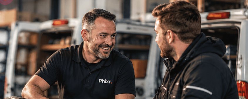 A Phixr engineer talking with a colleague beside service vans