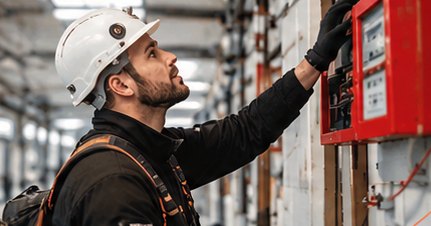 Engineer in a hard hat servicing a fire alarm panel