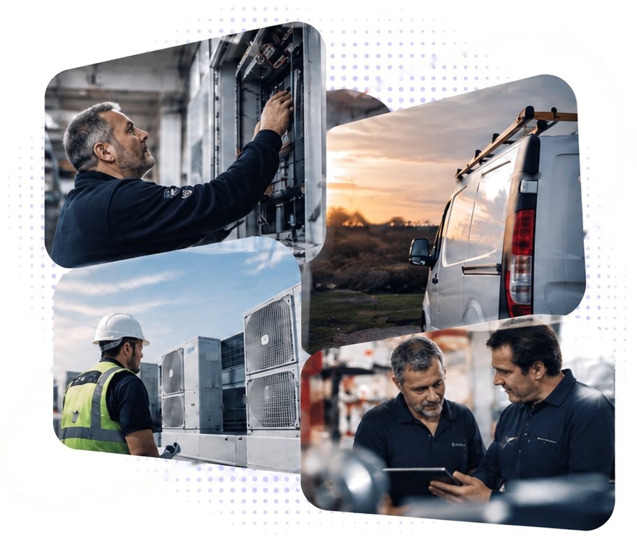 Field service engineers at work: servicing equipment, on site with HVAC units, a service van at dusk and two colleagues reviewing a tablet